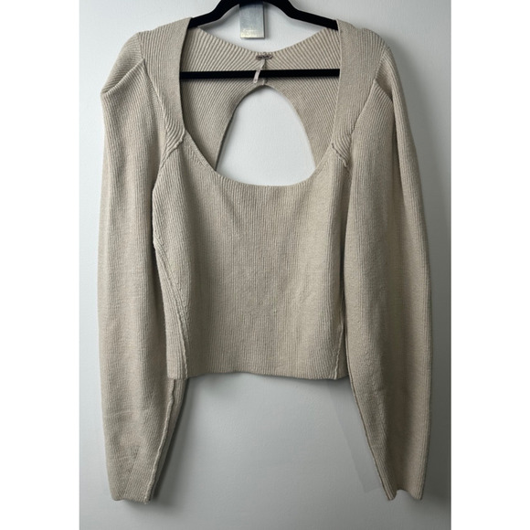 Free People Saffron Open Back Ivory Sweater XS Puff Sleeves Boho Knit E7 - Picture 3 of 8
